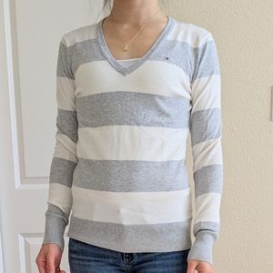 Tommy Hilfiger white grey striped v neck pullover sweater